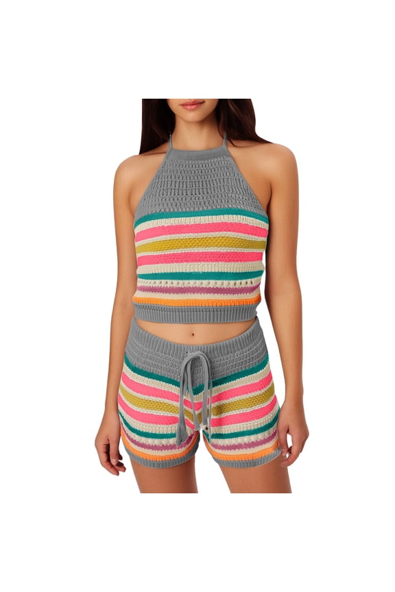 Two Piece Set for Women Summer Crochet Knit Vacation Beach Outfits Crop Top Shorts Matching Sets