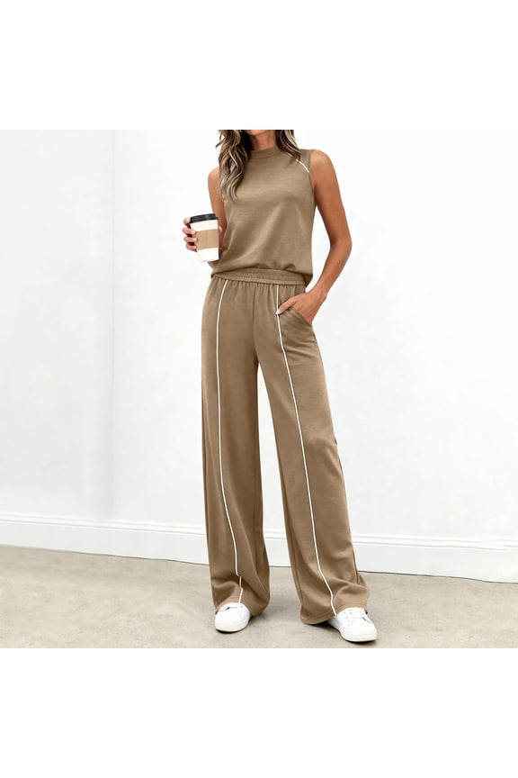 Two Piece Set for Women Summer Outfits Mock Neck Sleeveless Tank Top Wide Leg Pants Athletic Matching Sets Camel M