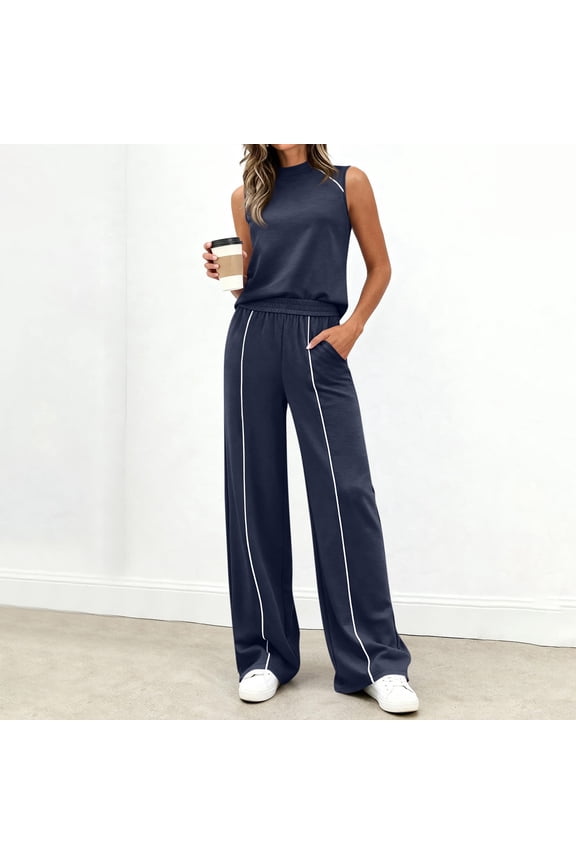 Two Piece Set for Women Summer Outfits Mock Neck Sleeveless Tank Top Wide Leg Pants Athletic Matching Sets Navy M