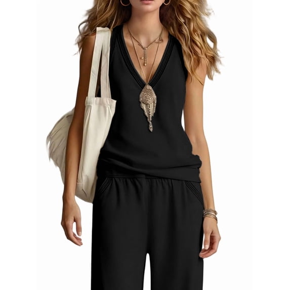 Two Piece Set for Women Summer Outfits Vacation Trendy Lounge Sets V Neck Matching Sets Black S
