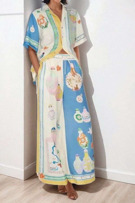Two-Piece Set with Matching Pants and Shirt (L, LightBeige)