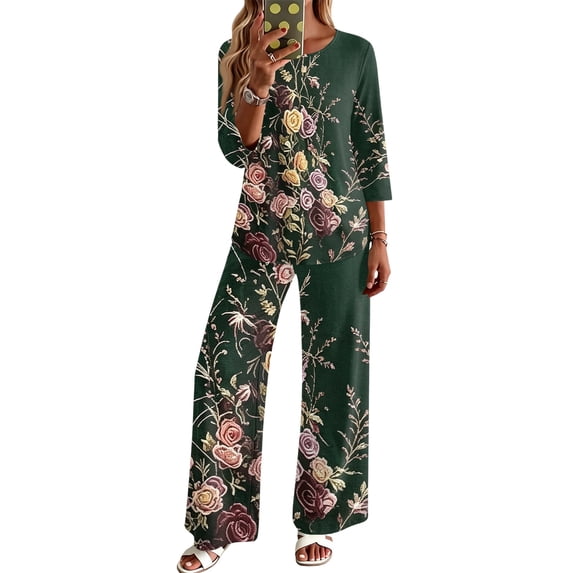 Two Piece Sets For Women 3/4 Sleeve Print Fall Outfits Casual Crew Neck Shirts And Pants Lounge Sets Vacation Travel Outfits