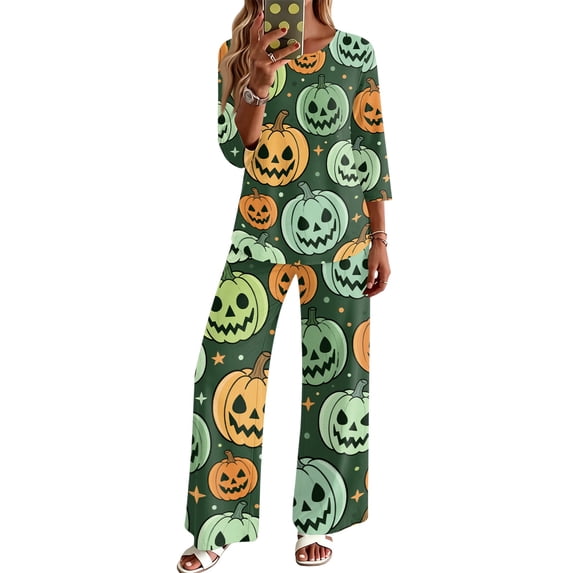 Two Piece Sets For Women Halloween 3/4 Sleeve Print Fall Outfits Casual Crew Neck Shirts And Pants Lounge Sets Halloween Vacation Travel Outfits