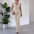 thumbnail image 1 of Two Piece Sets For Women Summer Fashion Solid Color V-neck Sleeveless High Waisted Wide Leg Pants Comfortable Matching Sets — Beige∣2XL, 1 of 7