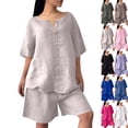 thumbnail image 1 of Two Piece Sets For Women Summer Linen Casual Outfit Plus Size Loose Fit Short Sleeve Shirts & Wide Leg Shorts Sets,Beige,M, 1 of 7