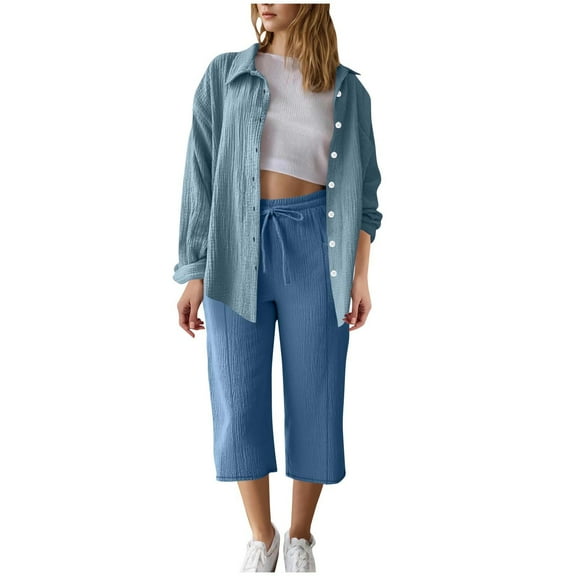 Two Piece Sets For Women Summer Long Sleeve Button Up Collared Shirt And Drawstring Capris Outfits Fall Winter Loungewear Sky Blue 1 L