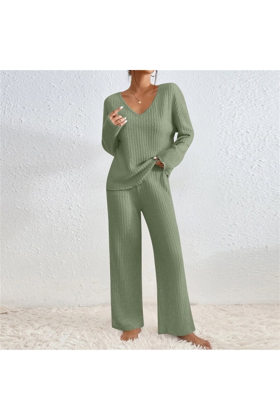 Two Piece Sets For Women V Neck Long Sleeve Knit Sweater Wide Leg Pants Sweatsuit Spring Lounge Loungewear