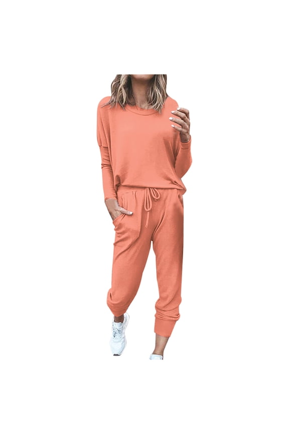 Two Piece Sets Jogger Set for Women, Ladies Two Piece Outfit Long Sleeve Pullover Tops with Drawstring Long Pants Tracksuit Jogging Tracksuit Set Linen Sets for Women 2 Piece Long Sleeve M