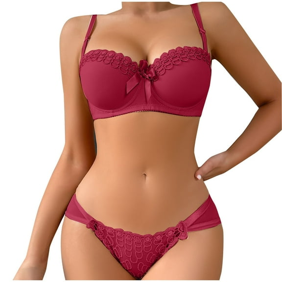 Two Piece Sets Lace Floal Bowtie Bra, Soft Push up Wireless Lingerie, Everyday Comfortable Breathable Brassiere