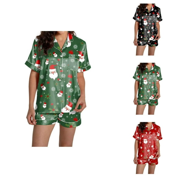 Two Piece Sets for Women – Boho Lounge Wear & Modal Pajamas Women's Casual Christmas Print Pajama Set Silk Satin Short Sleeve Button Up Top And Shorts Set