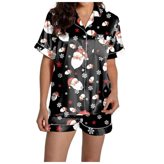Two Piece Sets for Women – Button Up Pajama with Stretch Waistband Summer Sleep or Lounge Women's Casual Christmas Print Set Silk Satin Short Sleeve Top And Shorts