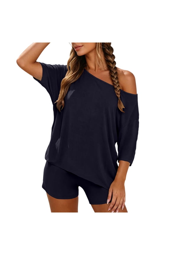 Two Piece Sets for Women Casual Loungewear Set Solid Color Off Shoulder Two Piece Set Of Short Sleeved Tops and Shorts For Summer Casual Everyday Commuting Pajamas Sets