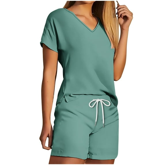 Two Piece Sets for Women Casual Short Sleeve V-Neck Blouses & Shirts Sets 2PC V Neck Shorts Sleeve Two-piece Comfortable Home Pajamas Set Sports Set Two Piece Outfits Green-2 s