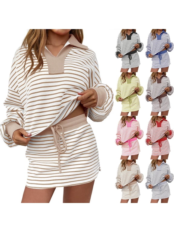 Two Piece Sets For Women Cheytotty Lounge Sets For Women Spring Summer Casual V- Neck Turndow Collar Striped Print Long-Sleeved Top Drawstring Short Skirt Set Khaki S