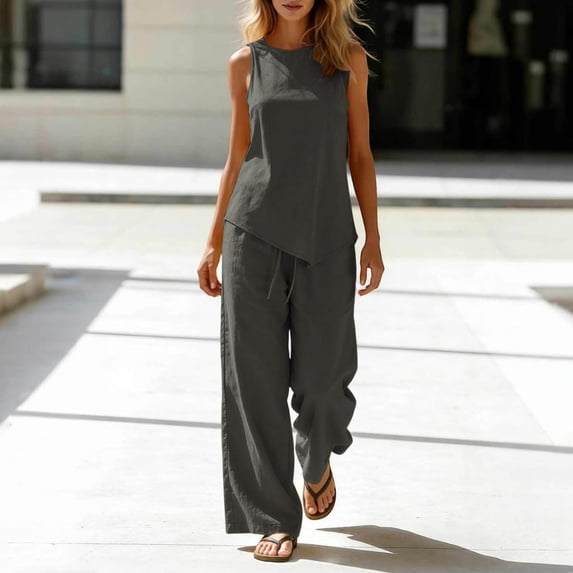 Two Piece Sets for Women Cotton Linen Summer Casual Outfits Fashion Solid Color Crew Neck Sleeveless Tops Wide Leg Pants with Pockets Vacation Travel Outfits