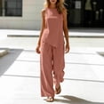 thumbnail image 1 of Two Piece Sets for Women Cotton Linen Summer Casual Outfits Fashion Solid Color Crew Neck Sleeveless Tops Wide Leg Pants with Pockets Vacation Travel Outfits, 1 of 8
