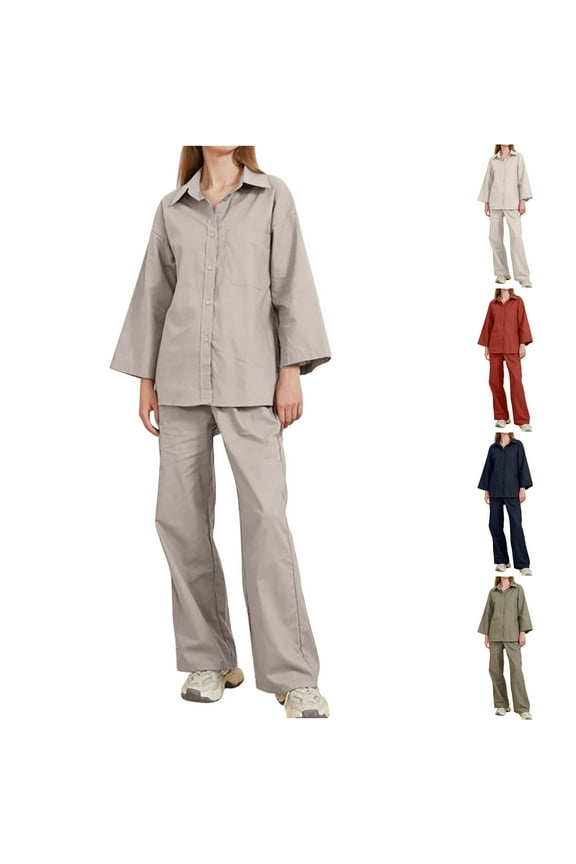 Two Piece Sets for Women Fall Plus Size Solid Color Retro Classic Versatile Casual Long Sleeved Pants Two-piece Set With Long Sleeved V-neck Top/shirt Set