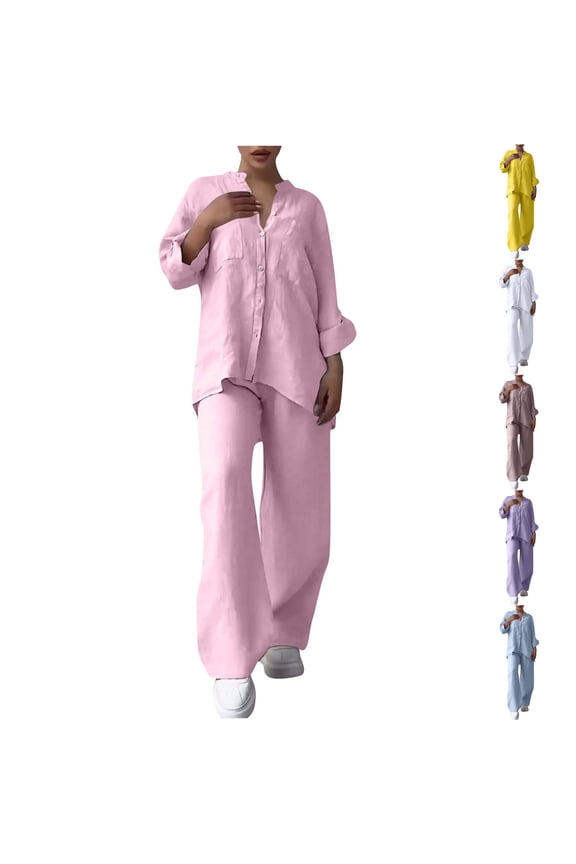 Two Piece Sets for Women Fall Plus Size Solid Color Retro Classic Wersatile Casual Cotton Linen Shirt Drawstring Wide Leg Pants Set Long Sleeved Round Neck Top/Shirt Set
