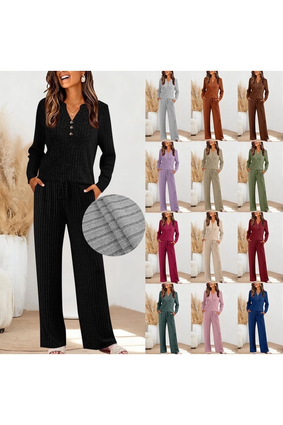 Two Piece Sets for Women Fall Winter Loungewear Sets Henley Neck Ribbed Long Sleeve Tops Drawstring Waist Wide Leg Pants Lounge, Sleep Everyday Outfits