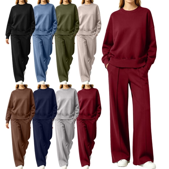 SYwaren 2 Piece Set for Women Sweatsuit Long Sleeve Crewneck Wide Leg Pants Loose Casual Outdoor with Pockets