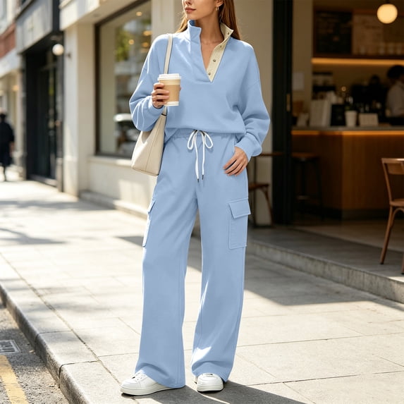 Two Piece Sets for Women Fashion Lounge Sets for Women Soft Causal Fall Outfits for Women Button Snap Mock Sweatshirt and Wide Leg Pant Sweatsuit Tracksuit L
