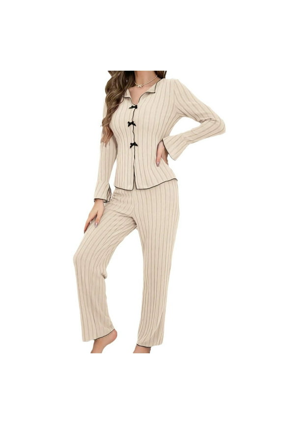 Two Piece Sets for Women Going out Women's New Fall and Winter Solid Color Casual Warm Home Clothes Long Sleeved Pajamas Set Suit Sets for Women Clothing Going out Beige L
