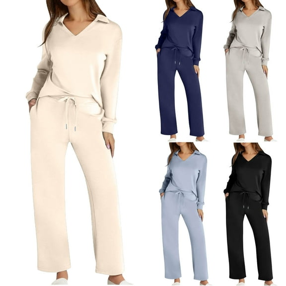 Two Piece Sets for Women Lapel Long Sleeve V Neck Lounge Set Fall Outfits Fall Clothes Jogger Solid Color Lightweight Hoodless for Women & Drawstring and Straight Leg Loose Pants Set