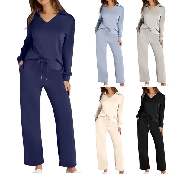 Two Piece Sets for Women Lapel Long Sleeve V Neck Lounge Set Fall Outfits Fall Clothes Jogger Solid Color Lightweight Hoodless for Women & Drawstring and Straight Leg Loose Pants Set