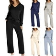 thumbnail image 1 of Two Piece Sets for Women Lapel Long Sleeve V Neck Lounge Set Fall Outfits Fall Clothes Jogger Solid Color Lightweight Hoodless for Women & Drawstring and Straight Leg Loose Pants Set, 1 of 8