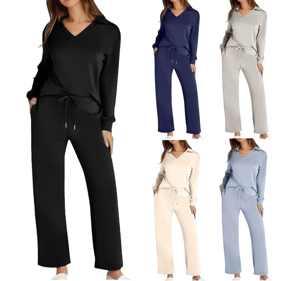 Two Piece Sets for Women Lapel Long Sleeve V Neck Lounge Set Fall Outfits Fall Clothes Jogger Solid Color Lightweight Hoodless for Women & Drawstring and Straight Leg Loose Pants Set