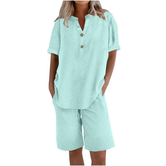 Two Piece Sets for Women Linen Matching Sets Women Clothing Short Sleeve V Neck Button Down Shirts Drawstring Wide Leg Shorts Vacation Beach Outfits Purchase History for My Accounts Flash Deals