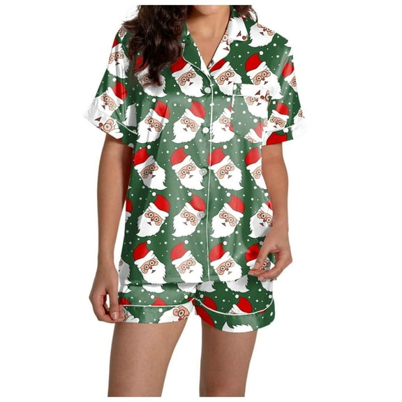 Two Piece Sets for Women – Modal Lounge with Button Up Top and Pajama Shorts Summer Lightweight Comfort Women's Casual Christmas Print Set Silk Satin Short Sleeve And