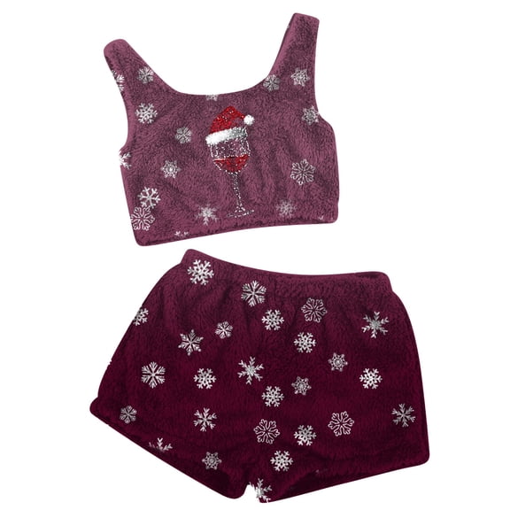 Two Piece Sets for Women – Modal Lounge Sets with Button Up Top and Pajama Shorts for Summer Lightweight Comfort Christmas Glass Print Casual Pajama Set For Women With Suspender Shorts