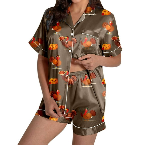Two Piece Sets for Women – Modal Lounge Sets with Button Up Top and Pajama Shorts for Summer Lightweight Comfort Ladies' Thanksgiving Turkey Print Pajama Shorts Set 2024
