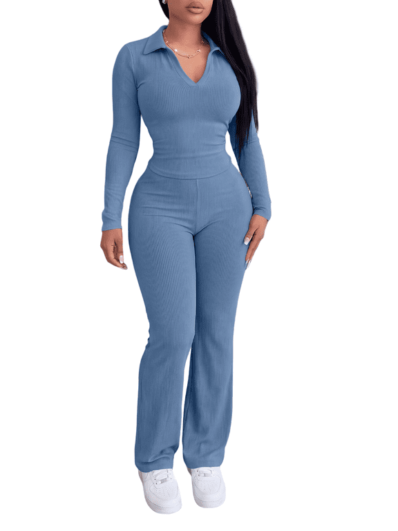 Two Piece Sets for Women Outfits Ribbed V Neck Top Flare Pants Set Track Suits Long Sleeve Top Jogger Legging Pants Lounge Workout Sets for women Blue M