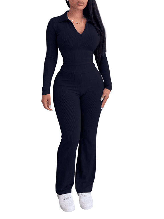 Two Piece Sets for Women Outfits Ribbed V Neck Top Flare Pants Set Track Suits Long Sleeve Top Jogger Legging Pants Lounge Workout Sets for women Navy Blue L
