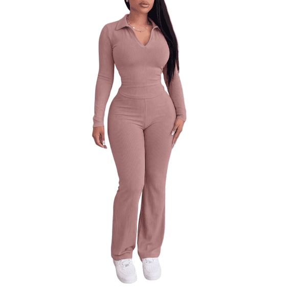 Two Piece Sets for Women Outfits Ribbed V Neck Top Flare Pants Set Track Suits Long Sleeve Top Jogger Legging Pants Lounge Workout Sets for women Pink L