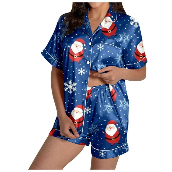 Two Piece Sets for Women – Pajamas for Women Set Ideal for Travel Nights or Lazy Days Ladies' Casual And Fashionable Snowman Santa Star Christmas Print Silk Satin Short Sleeved Button Pajamas Set
