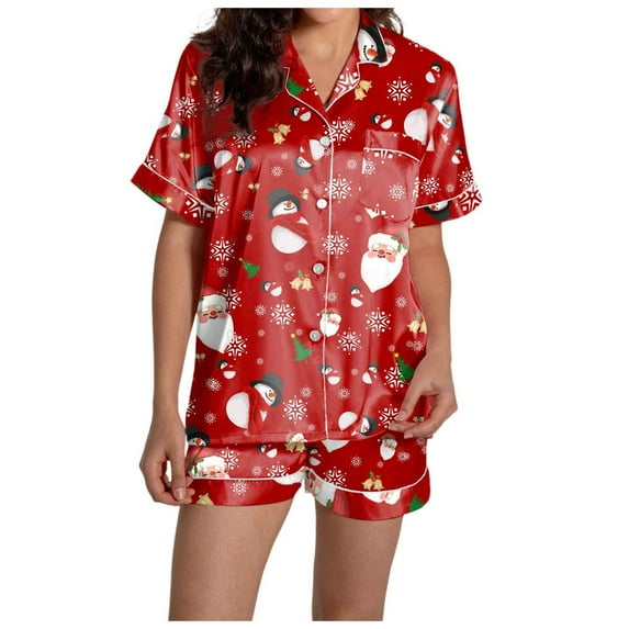Two Piece Sets for Women – Relaxing Lounge Sets with Long Sleeves for Chill Days or Home Office Wear Women's Casual Christmas Print Pajama Set Silk Satin Short Sleeve Button Up Top And Shorts Set