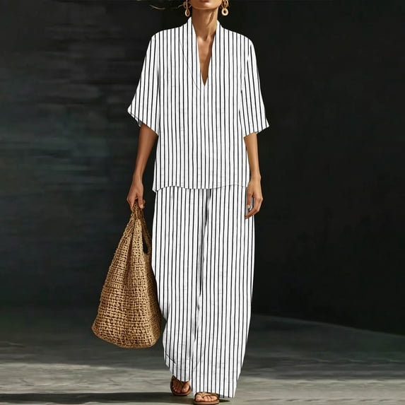 Two Piece Sets for Women Summer Casual Outfit Sets Fashion Stripes Printed V Neck Short Sleeve Topss and Wide Leg Double Pocket Pants Set Vacation Travel Outfits Fashion 2026
