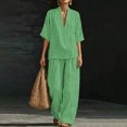 thumbnail image 1 of Two Piece Sets for Women Summer Casual Outfit Sets Fashion Stripes Printed V Neck Short Sleeve Topss and Wide Leg Double Pocket Pants Set Vacation Travel Outfits Fashion 2026, 1 of 6
