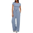 thumbnail image 1 of Two Piece Sets for Women Summer Casual Outfit Sets Solid Color Button Down Round Neck Short Sleeve Tops and Drawstring Wide Leg Pants with Pocket Sets Relaxed Vacation Wear, 1 of 8