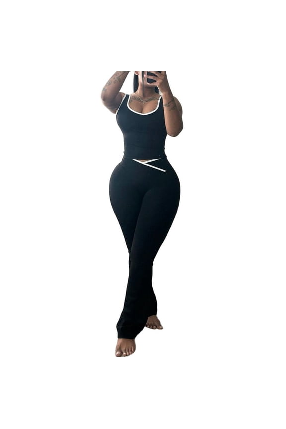 Two Piece Sets For Women Summer Contrast Binding Backless Crop Tank Top and Flare Pants Lounge Sets Tracksuit Women's Sleeveless Gym YogaOutfit Black S