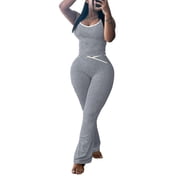 Two Piece Sets For Women Summer Contrast Binding Backless Crop Tank Top and Flare Pants Lounge Sets Tracksuit Womens Sleeveless Gym YogaOutfit Light Gray L