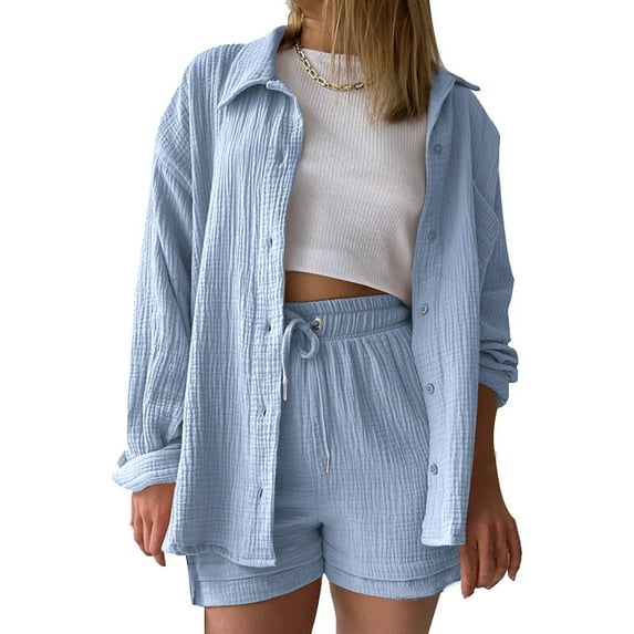 Two Piece Sets for Women Summer New 2 Piece Tracksuit Set for Women Oversized Long Sleeve Button down Shirts and Drawstring Shorts Beach Outfit Sets Blue L