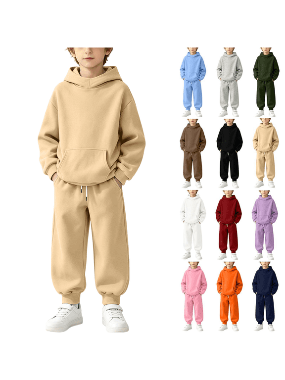 Two Piece Sets for Boys Girls Kids Long Sleeve Hoodies and Jogger Pants with Pockets for Kids Solid Color Soft Comfy Lounge Outfits