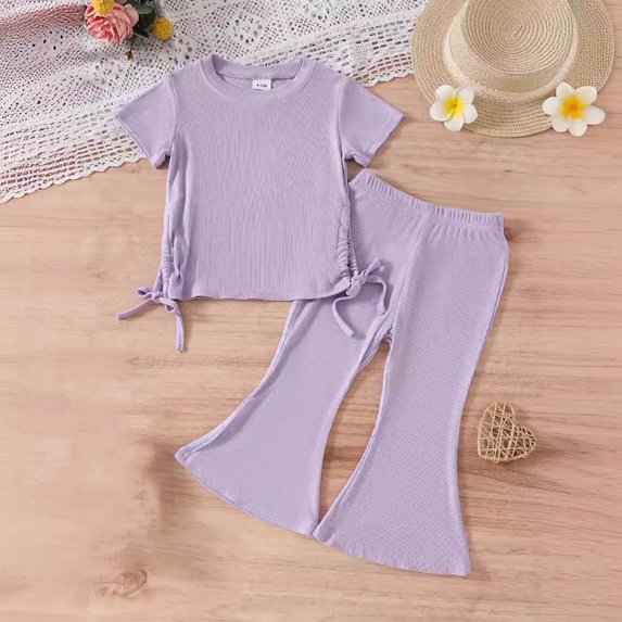 Two Piece Sets for Girls 9M-4Y Going-Out Outfits Toddlers Kids Cute Solid Color Short Sleeve Side Slit Drawstring Tops and Pants Suits Set