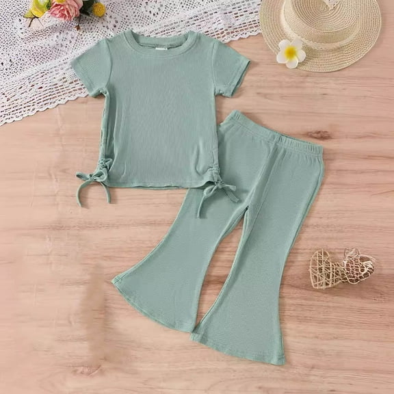 Two Piece Sets for Girls 9M-4Y Going-Out Outfits Toddlers Kids Cute Solid Color Short Sleeve Side Slit Drawstring Tops and Pants Suits Set