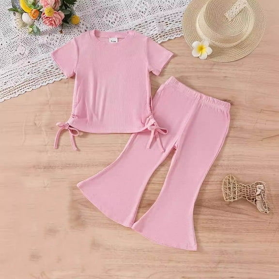 Two Piece Sets for Girls 9M-4Y Going-Out Outfits Toddlers Kids Cute Solid Color Short Sleeve Side Slit Drawstring Tops and Pants Suits Set