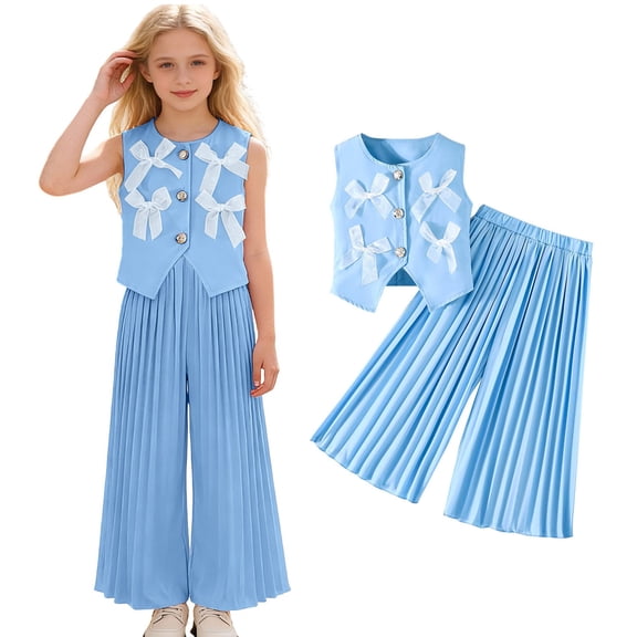 Two Piece Sets for Girls Bow Sleeveless Vest and Wide Leg Pants Set Girls Summer Clothes for 5-6 Years Old Girls